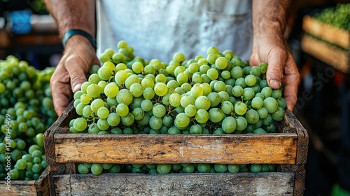 Hands are holding a crate full of fresh green grapes