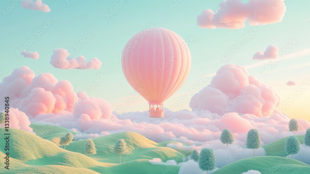 Obraz premium Dreamy Hot Air Balloon Voyage Over Lush Green Hills and Clouds