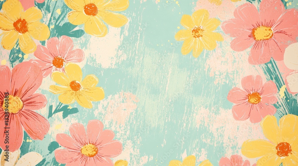 Vibrant Floral Background with Pink and Yellow Flowers on Blue Vibrant Floral Background with Pink and Yellow Flowers on Blue