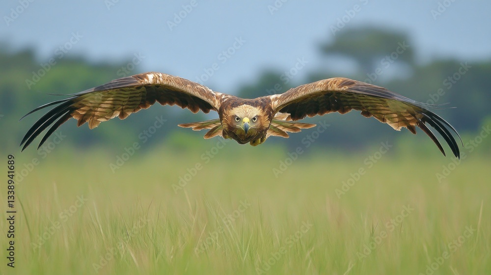 Obraz premium Hawk in flight over grassy savanna