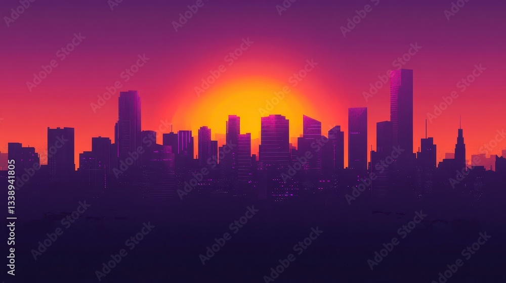 Vibrant Sunset Over a City Skyline Silhouette Vibrant Sunset Over a City Skyline Silhouette