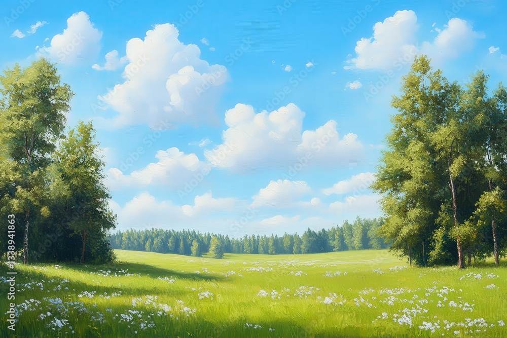 Fototapeta premium A vibrant landscape featuring lush green fields and scattered clouds under a clear blue sky, evoking a sense of tranquility and natural beauty.