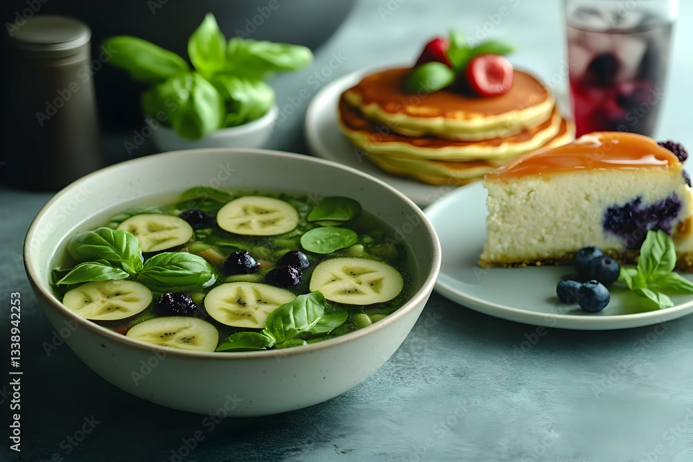 Delicious Healthy Soup With Pancakes And Cheesecake Delicious Healthy Soup With Pancakes And Cheesecake