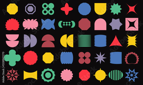 Brutalist abstract geometric shapes and grids. Brutal contemporary figure star oval spiral flower and other primitive elements. Swiss design aesthetic. Groovy retro shapes.  Memphis design. eps10 55