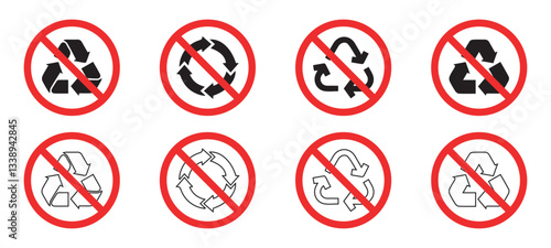 Set of a not allowed icon with a recycle sign. do not recycle illustration design. Arrows recycle and no recycle icons