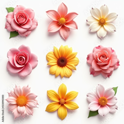 Colorful arrangement of handcrafted flowers on a white background for decorative purposes