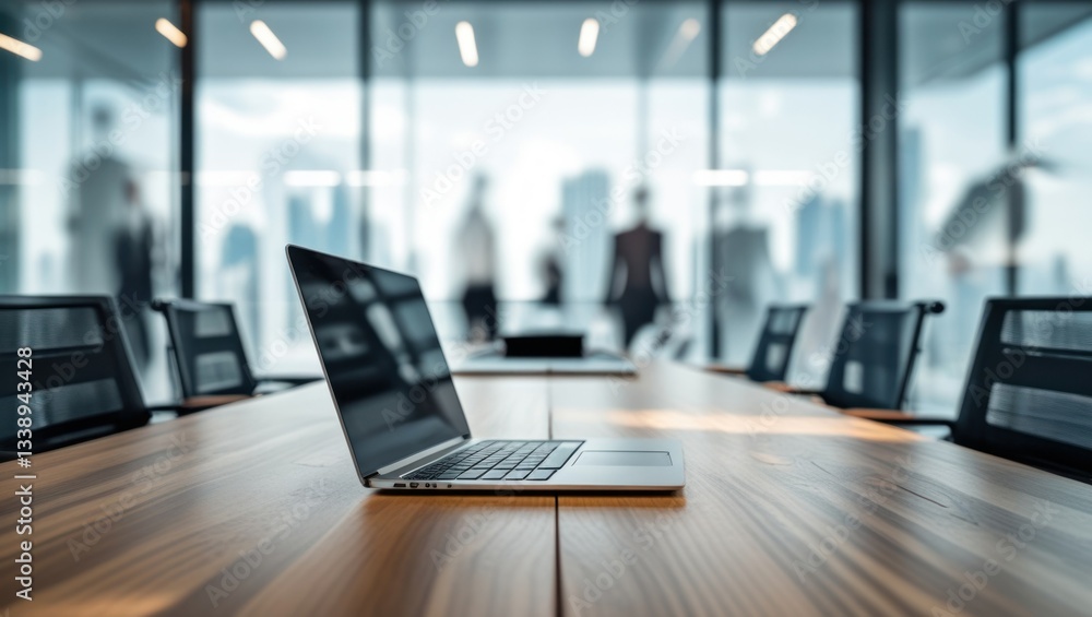Laptop on Conference Room Table, City View Background Laptop on Conference Room Table, City View Background
