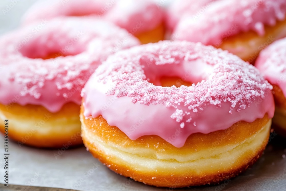 Delicious pink donuts covered with icing and sprinkles resting on baking paper Delicious pink donuts covered with icing and sprinkles resting on baking paper
