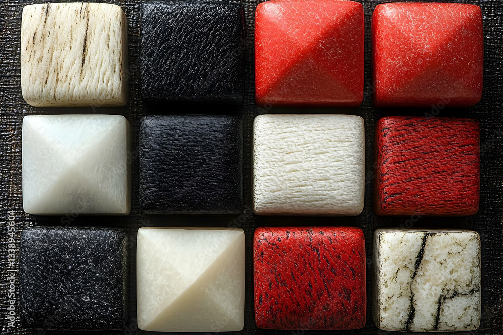 Fototapeta premium Colorful square and pyramid-shaped wooden elements arranged in a grid