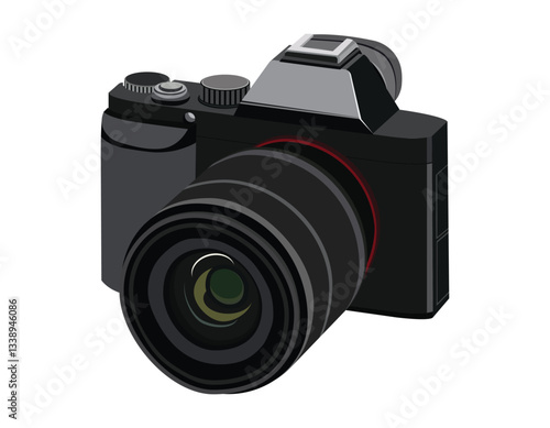 Realistic digital illustration of a professional black dslr camera with large zoom lens