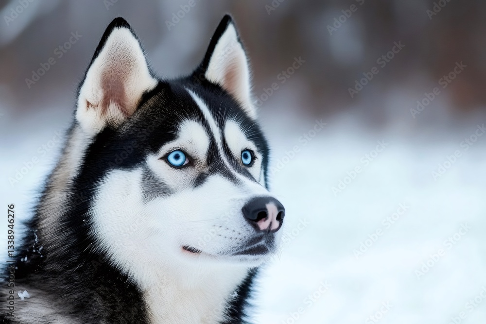Siberian husky dog looking away in snowy landscape Siberian husky dog looking away in snowy landscape
