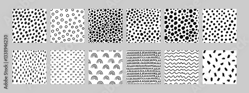 Abstract seamless patterns in black and white with unique hand drawn elements, including circles, lines, drops, and wavy lines. Perfect for creative projects, home decor, and web design. Vector art