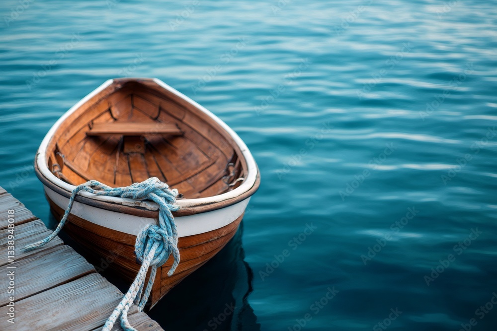 Obraz premium Small wooden boat moored to a dock on calm water