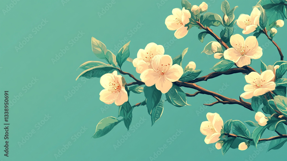 Fototapeta premium a branch of a blooming tree with green leaves and flowers, beautiful background