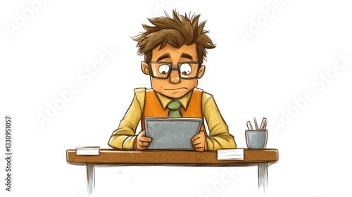 Stressed man working on tablet at desk