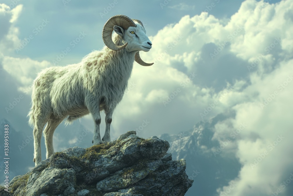 Naklejka premium Majestic goat standing on a rocky ledge against a dark backdrop in the mountains during the late afternoon