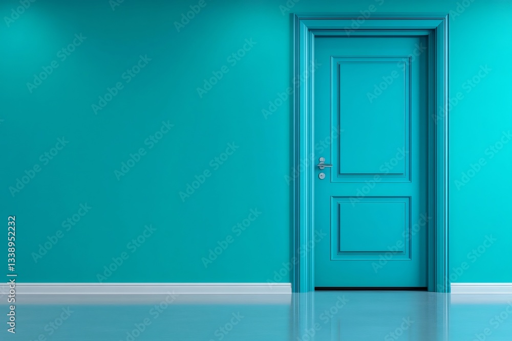 Closed turquoise door breaking the monochromy of a turquoise wall in an empty room Closed turquoise door breaking the monochromy of a turquoise wall in an empty room
