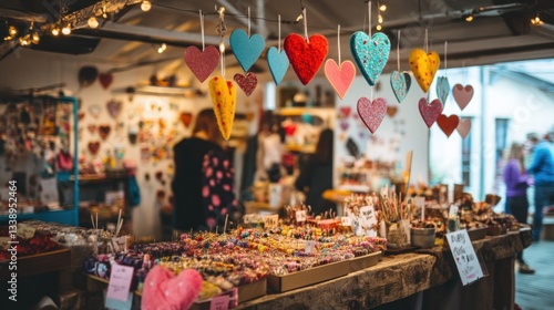 Colorful hearts hang in a bustling craft market