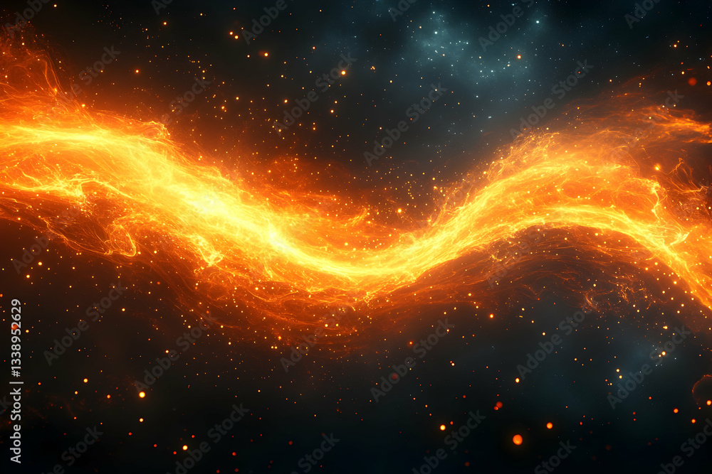 Fototapeta premium Fiery cosmic stream swirling through dark space, emitting bright orange and yellow light