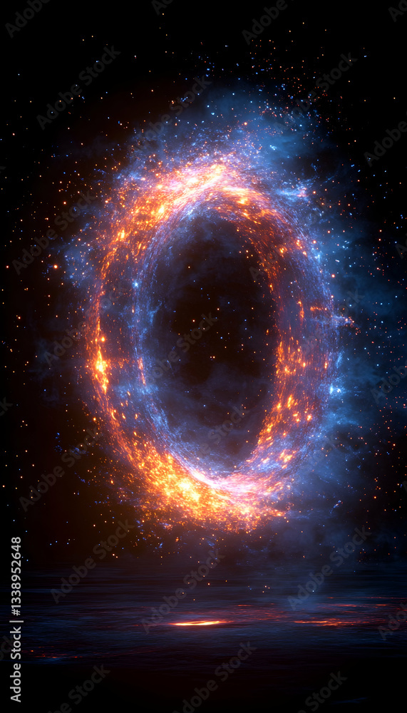 Fototapeta premium Fiery, ethereal ring glowing in dark space, reflected on a surface