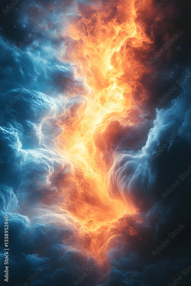 Obraz premium Fiery orange and icy blue energy clashing amidst dark clouds