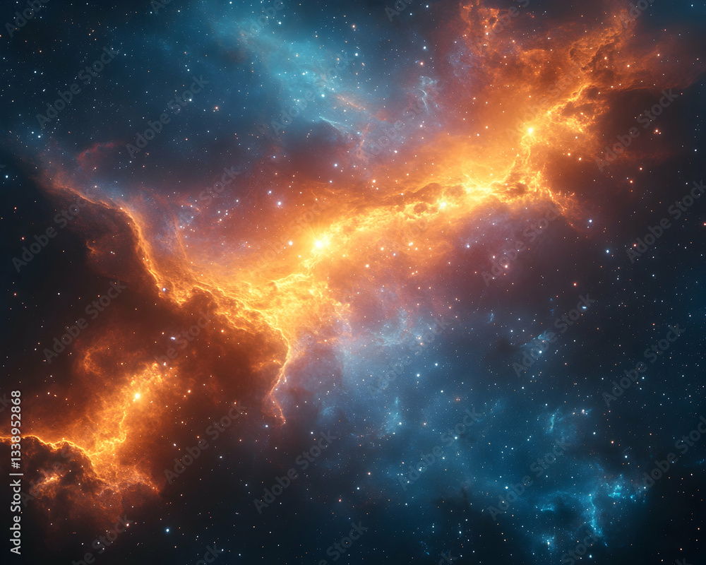 Fiery orange and cool blue nebula swirls in deep space, scattered with stars Fiery orange and cool blue nebula swirls in deep space, scattered with stars