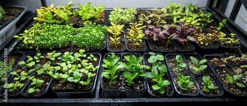 Vibrant seedlings growing in trays, showcasing diverse plant species in a controlled setting.