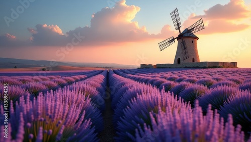 Serene Sunset over Lavender Fields with Traditional Windmill