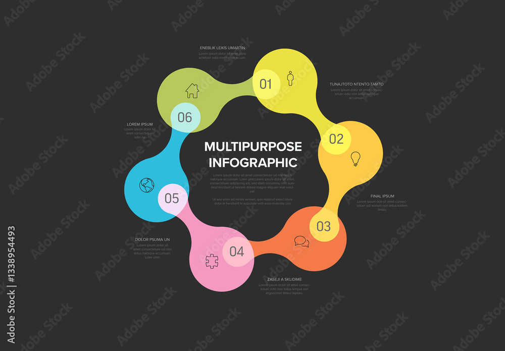 Circular Colorful Multipurpose Infographic Template with Six Sections on dark gray background