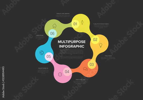 Obraz na płótnie Circular Colorful Multipurpose Infographic Template with Six Sections on dark gray background w salonie