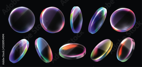 Holographic glass circle. Iridescent lens, colorful transparent disk and crystal rainbow plate. Transparency effect glass circles with gradient light refraction 3D isolated vector set.