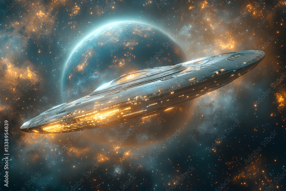 Futuristic spaceship orbiting a vibrant planet amidst cosmic nebula Futuristic spaceship orbiting a vibrant planet amidst cosmic nebula