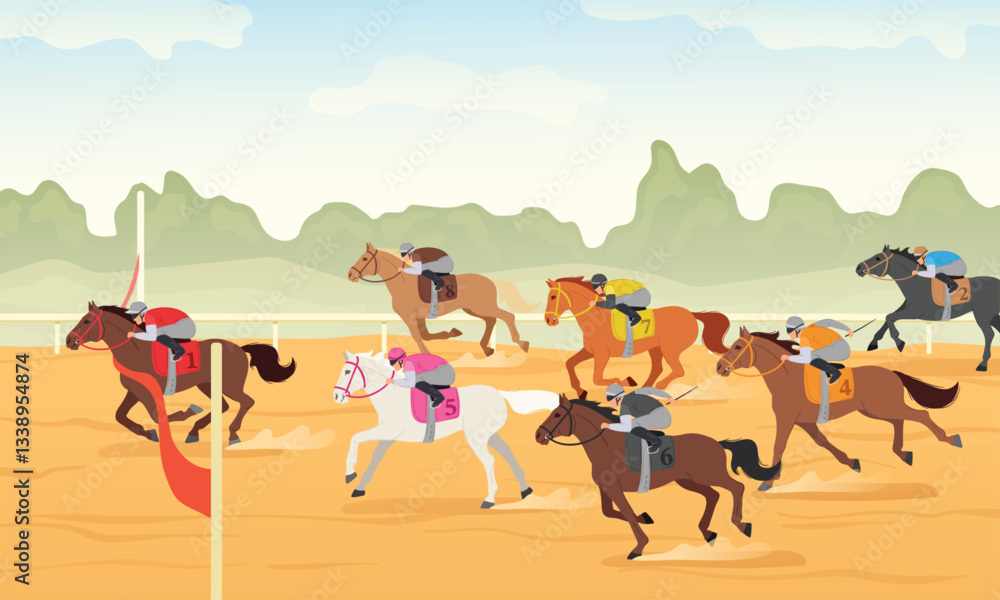 Obraz premium Horse race finish line. Equestrian sport competition winner crossing red ribbon, hippodrome championship and jockey tournament victory cartoon vector illustration.