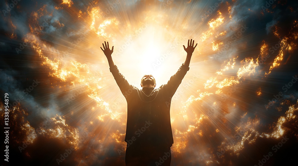 Man Reaching for Heavenly Light Amongst the Clouds Man Reaching for Heavenly Light Amongst the Clouds