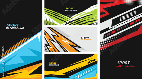 Sport banner. Abstract racing backgrounds with free text space, dynamic shapes, fast lines, lightnings and halftone textures. Extreme poster or flyer templates vector set.