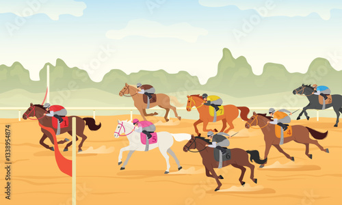 Horse race finish line. Equestrian sport competition winner crossing red ribbon, hippodrome championship and jockey tournament victory cartoon vector illustration.