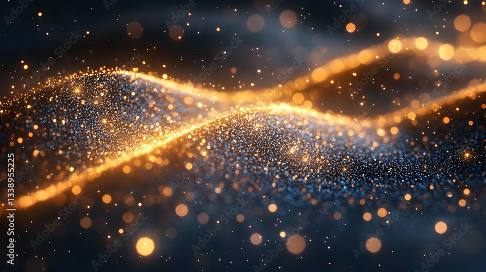 Obraz premium Glittering, undulating waves of dark blue and gold particles with bokeh effect
