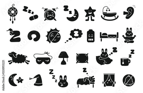 Stencil sleep icons. Bedtime and night dream, sleeping pill with Zzz snoring, rest mask, dreamcatcher, pillow, bed and alarm clock. Insomnia and healthy sleep concepts silhouette symbols vector set.