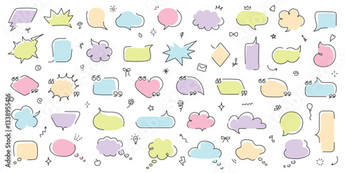 Loose line speech bubbles. Quote boxes, thought bubble, thinking text clouds and doodle message frame shapes. Blank quotation templates, cute hand drawn vector set.