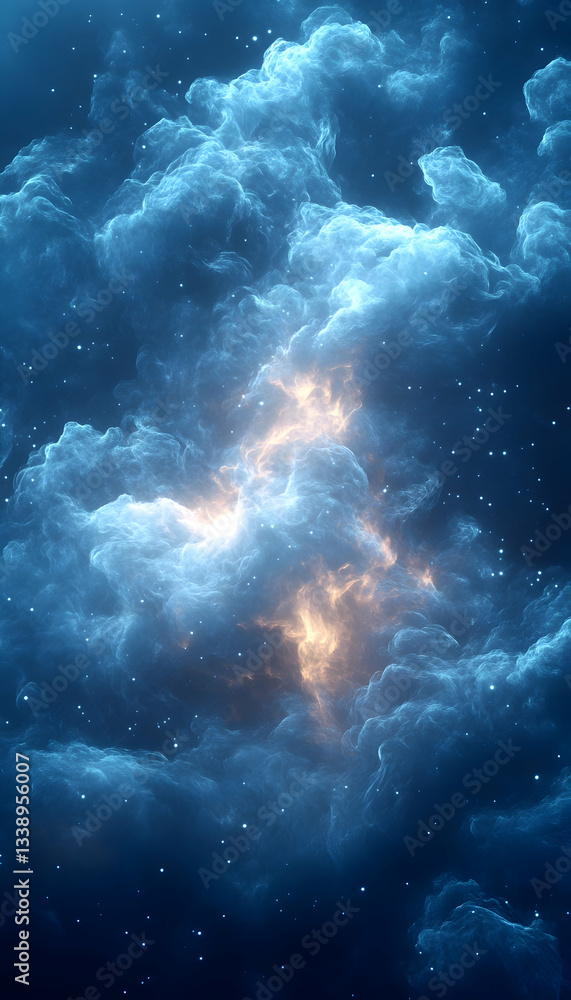 Fototapeta premium Glowing light piercing through dark, dense clouds at night, with falling particles