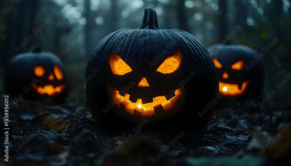 Fototapeta premium Glowing jack-o'-lanterns in a dark, misty forest