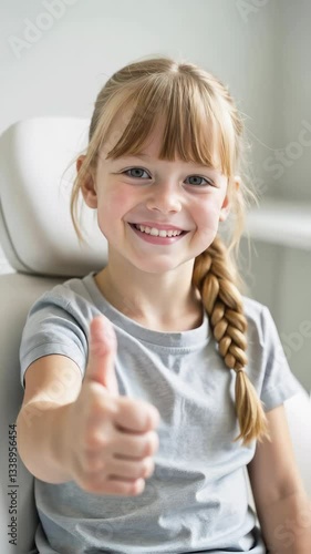 Wallpaper Mural Little blonde-haired girl in T-shirt in dentist's chair, satisfied with treatment, smiling and showing thumbs up on light background. Children's dentistry, professional examination Torontodigital.ca
