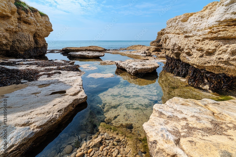 Crystal-clear water filling rock pools on the coastline