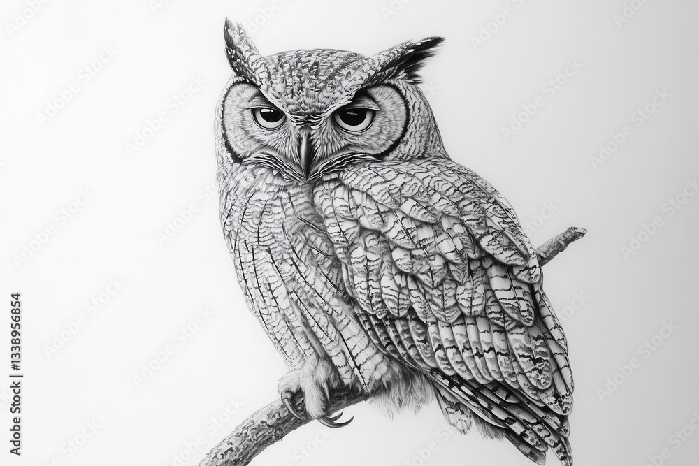 Naklejka premium a black and white photo of an owl sitting on a branch with a white background
