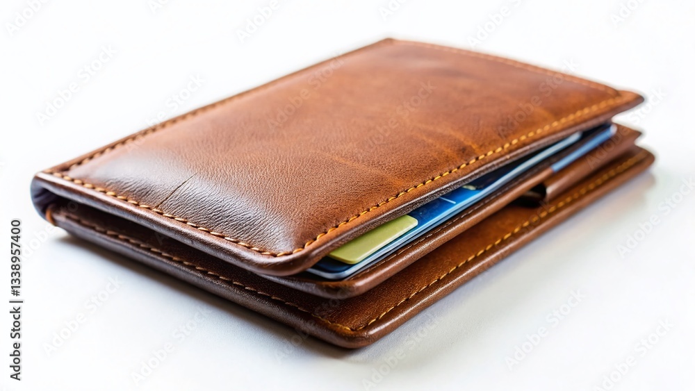 Macro Close-up of a Leather Wallet with Credit Cards, Minimalist Style, White Background