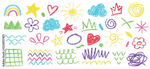 Kids crayon drawings. Hand drawn scrawls, chalk sun doodle, rainbow sketch, scribble star shape, scrawl heart and pastel cloud drawing. Simple child art vector set.