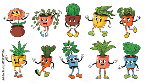 Retro cartoon potted plant characters. Groovy houseplant mascots, smiling flower, funny pot with cactus and succulent with smiling face. Home garden plants rubber hose style vector illustration set.