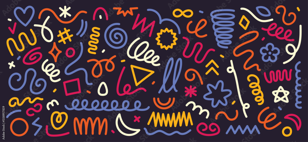Fototapeta premium Abstract colorful line doodle shapes. Hand drawn scribbles, curvy and wavy lines, squiggles, swirls and spirals. Geometric strokes with rounded edges vector elements set.