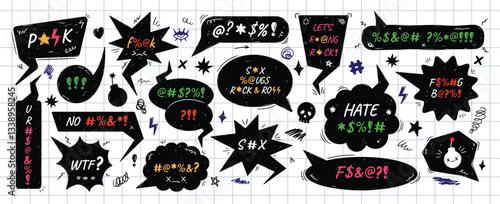 Punk rock speech bubble frames. Grawlix censored swearwords text balloons, hand drawn comic swear word bubbles with cartoon swearing effect, anger symbols and doodle squiggles. Vector elements set.