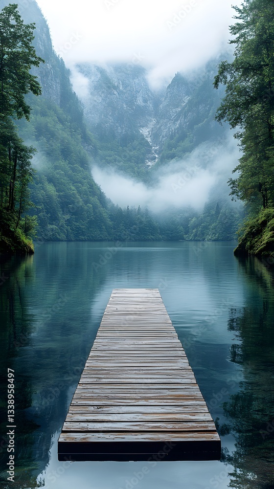 Serene Pier and Misty Mountains: Wooden pier extends into tranquil lake, surrounded by majestic mountains, shrouded in mist and framed by lush green trees. Serene Pier and Misty Mountains: Wooden pier extends into tranquil lake, surrounded by majestic mountains, shrouded in mist and framed by lush green trees.